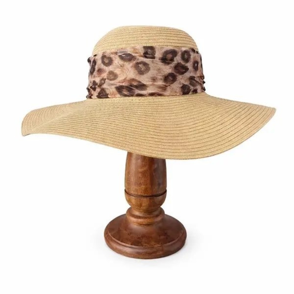 Kallina Sun Hat Tan Leopard Print Scarf UPF 50+ Wide Brim Women Resort Beachwear